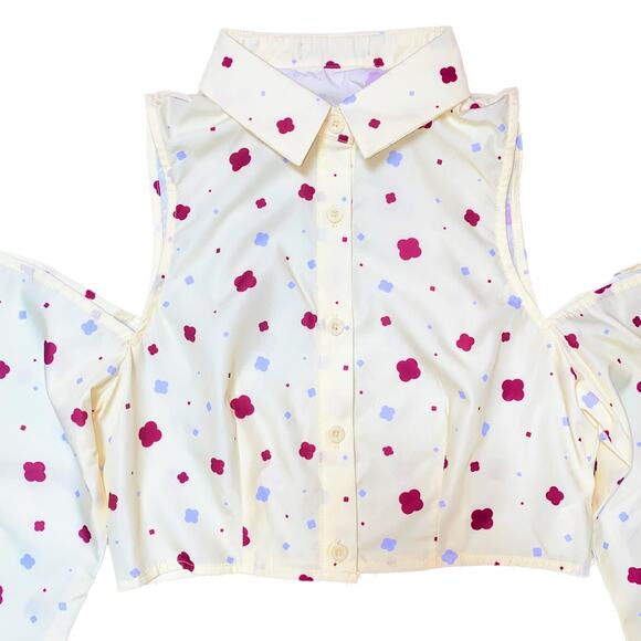 XS Pale Yellow Printed Cold Shoulder Button Down Crop Menswear Collared Blouse - Picture 4 of 7